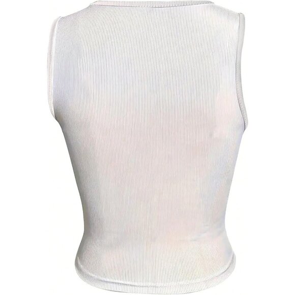 Women's Letter Print Crop Tank Top Cotton Slim Fit Notched Neck Sleeveless - Picture 2 of 5